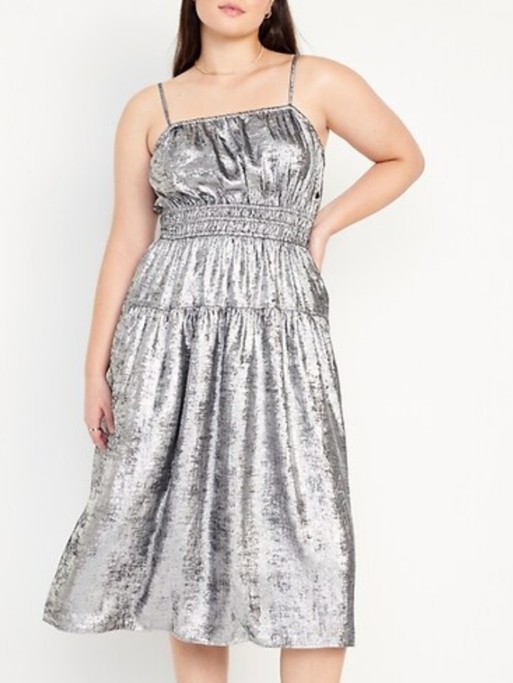 🩶Old Navy XXL Pewter Cami Metallic Midi Dress, Smocked Waist Adjustable Straps